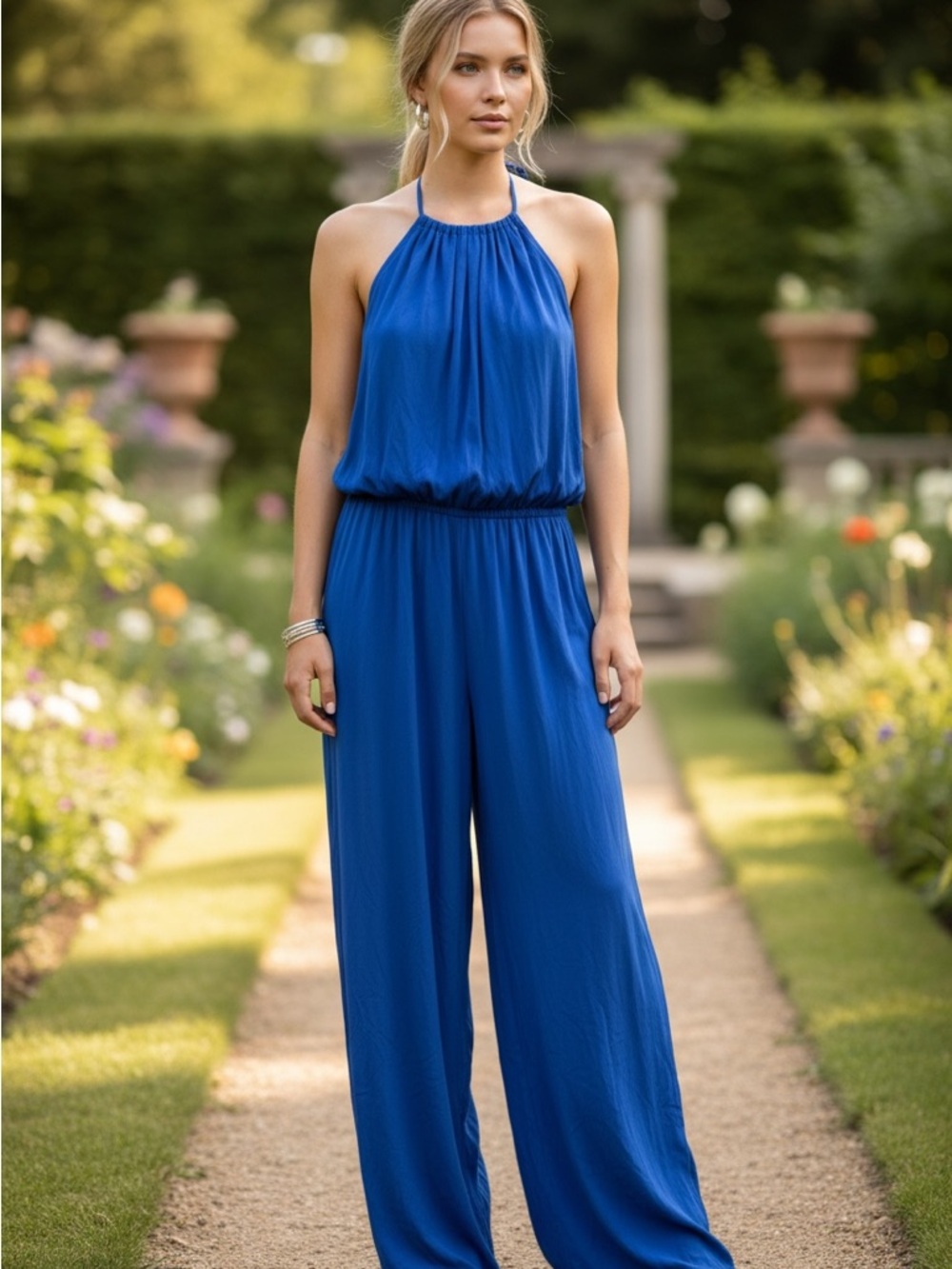 HALARA Royal Blue Halter Wide-Leg Jumpsuit